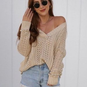 Taupe V Neck Crochet Sweater
